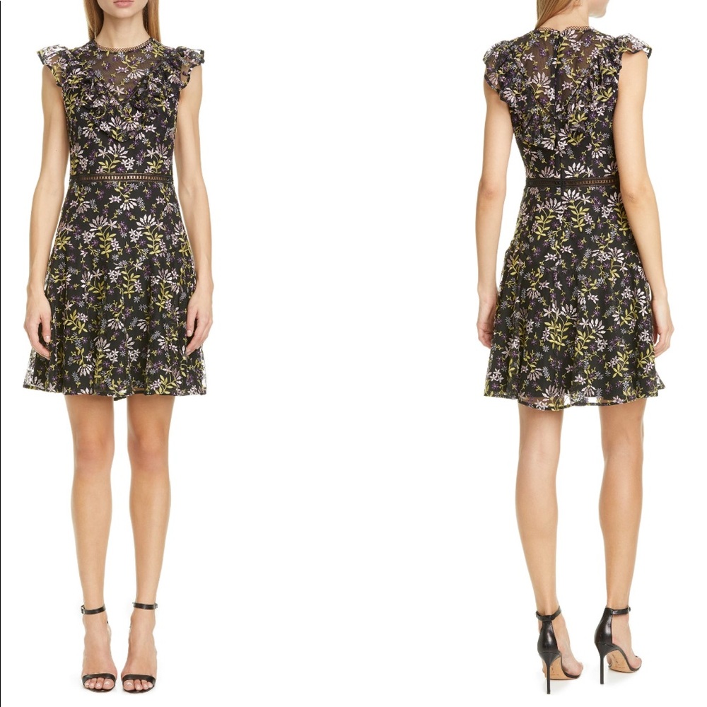 Monique Lhullier Flutter Sleeve Floral Embroidered Cocktail Dress